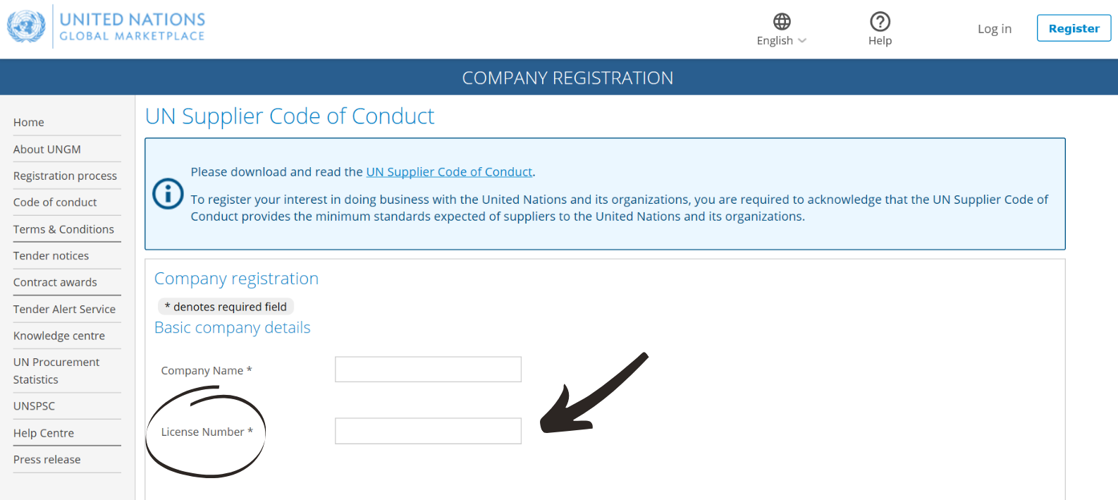 What is the license number required upon registration? UNGM Help Center