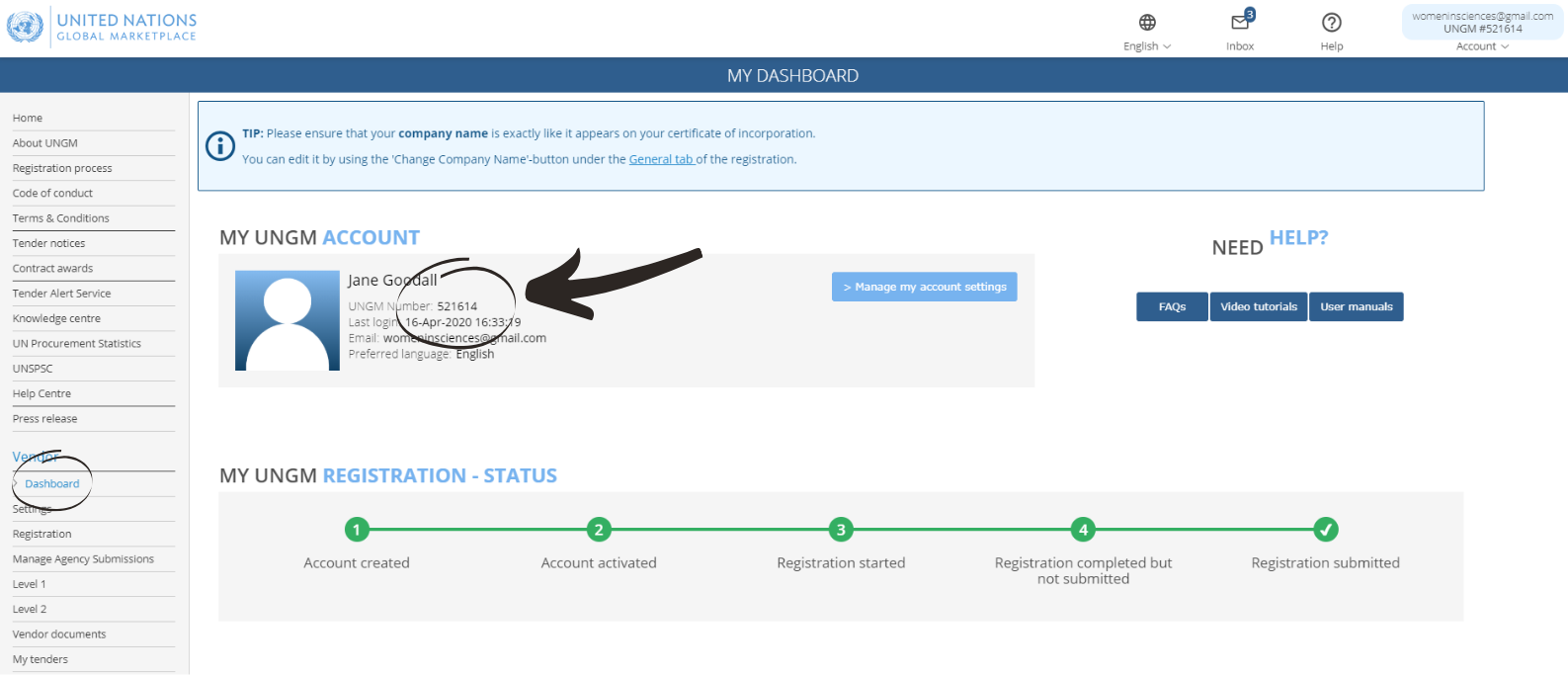 What is a UNGM number, and where to identify the account's UNGM number